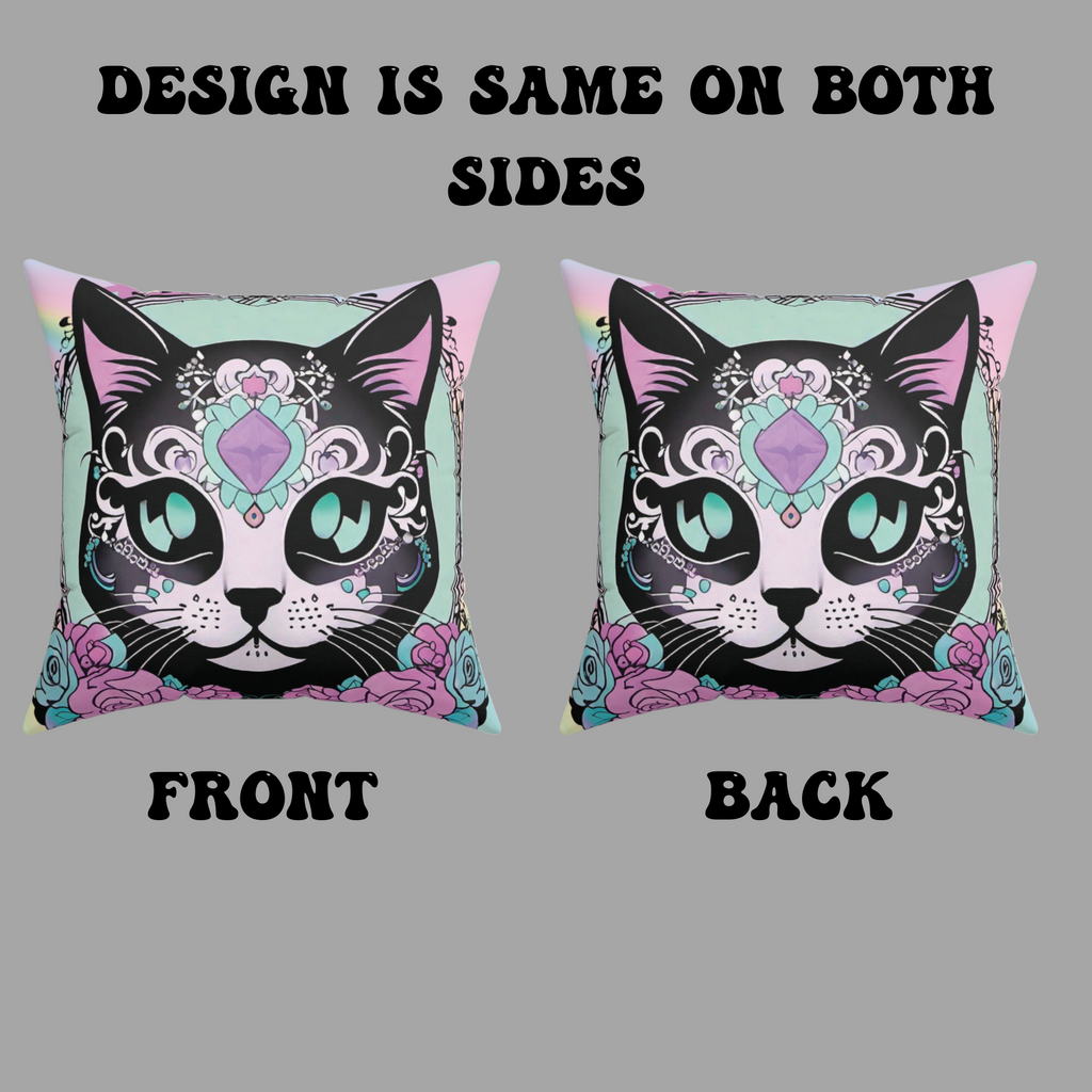 Pastel Goth Sugar Skull Cat Throw Pillow — Floral Gothic Home Decor