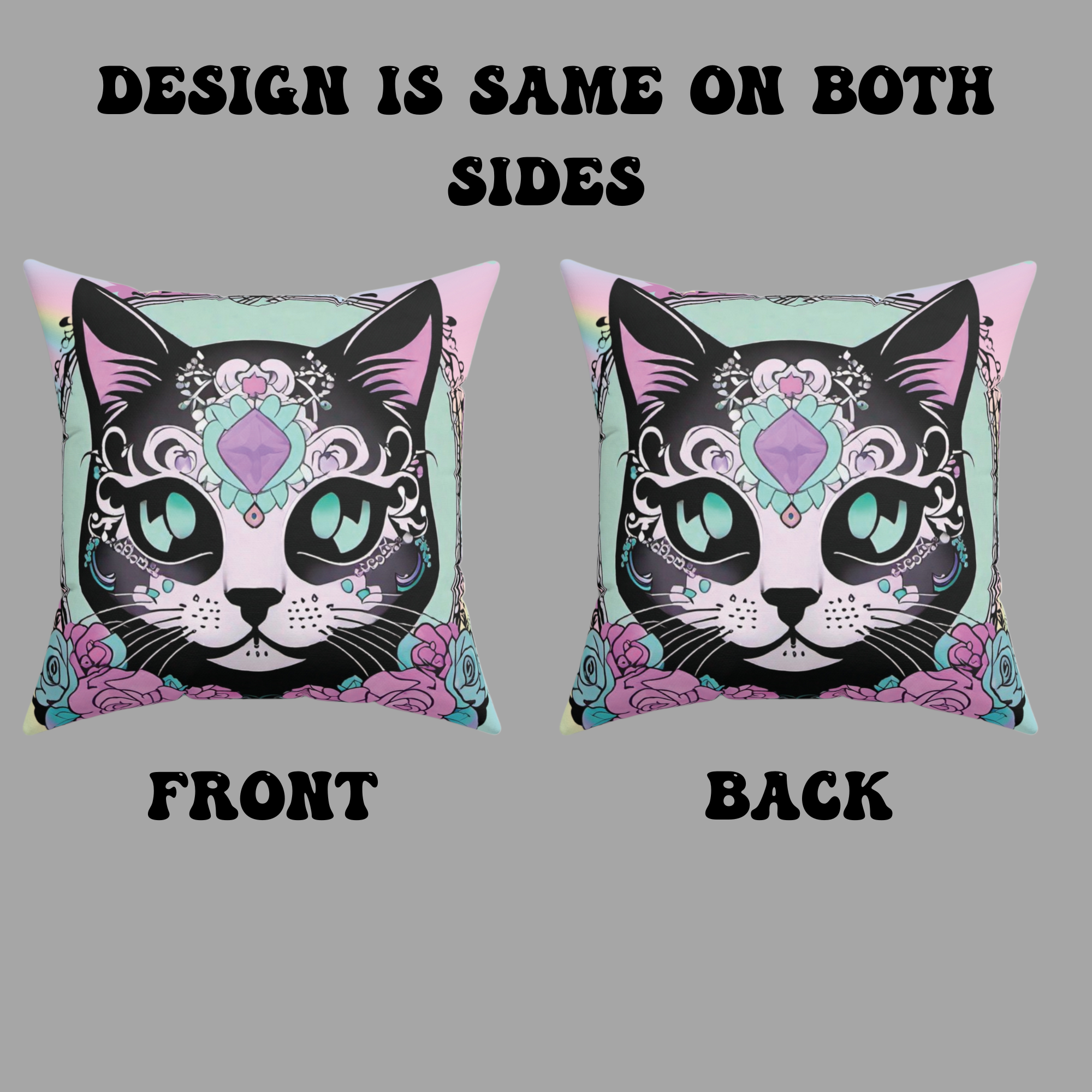 Pastel Goth Sugar Skull Cat Throw Pillow — Floral Gothic Home Decor