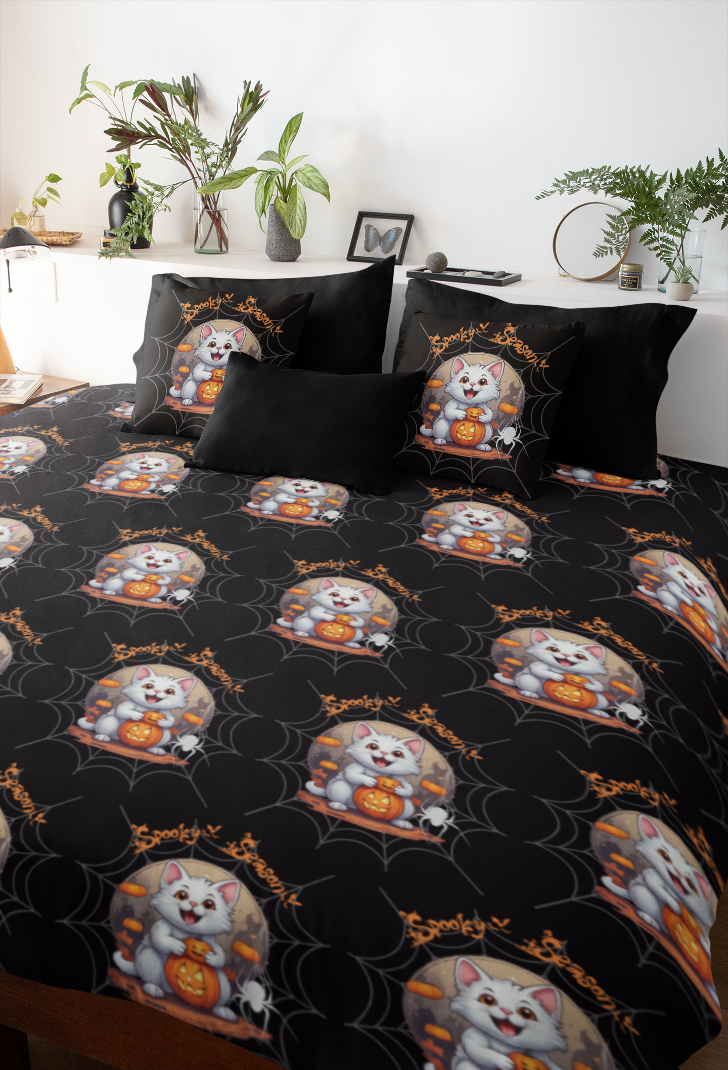 Spooky Season Cat Halloween Throw Pillow — Pumpkin Dark Home Decor