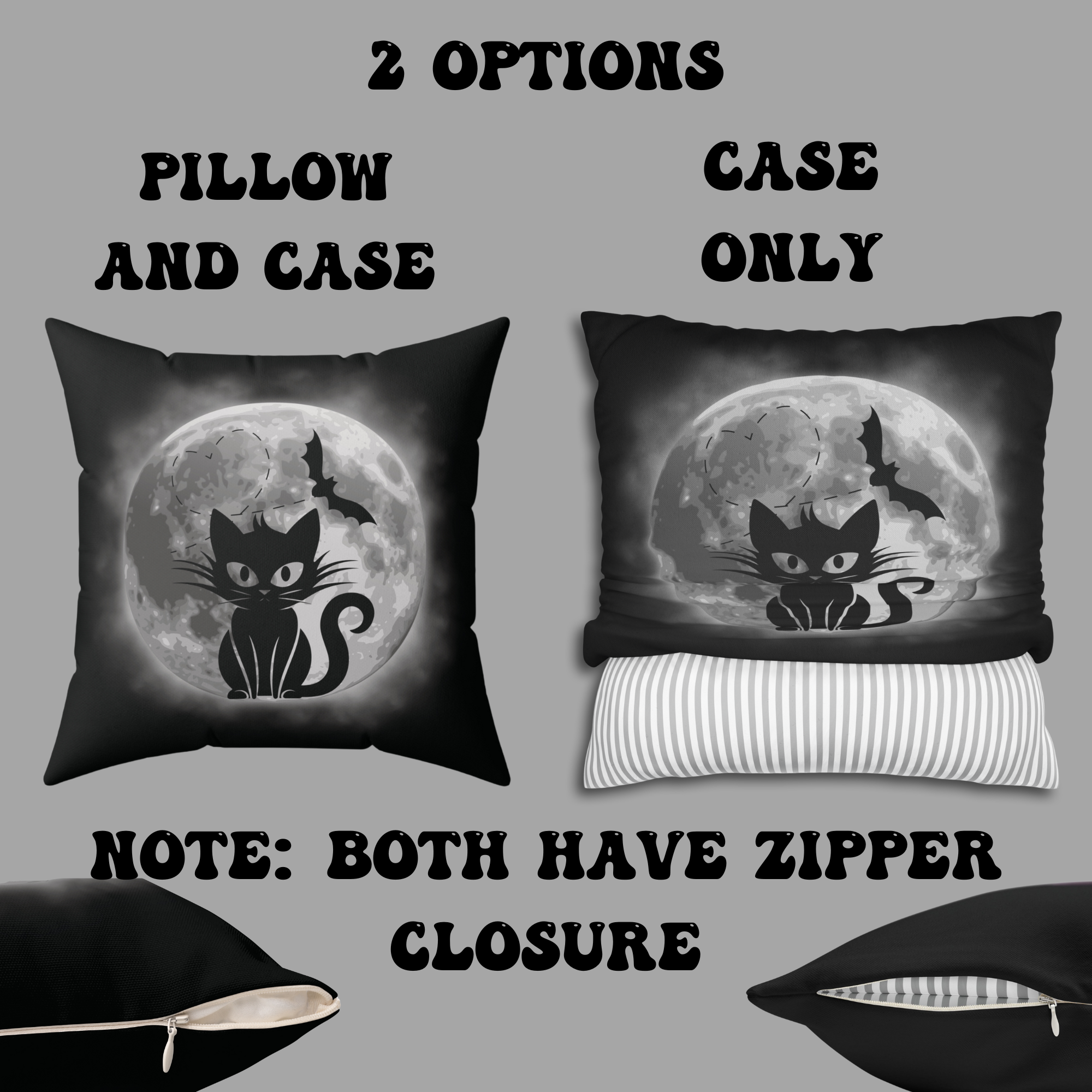Gothic Black Cat Full Moon Throw Pillow — Bat Dark Home Decor