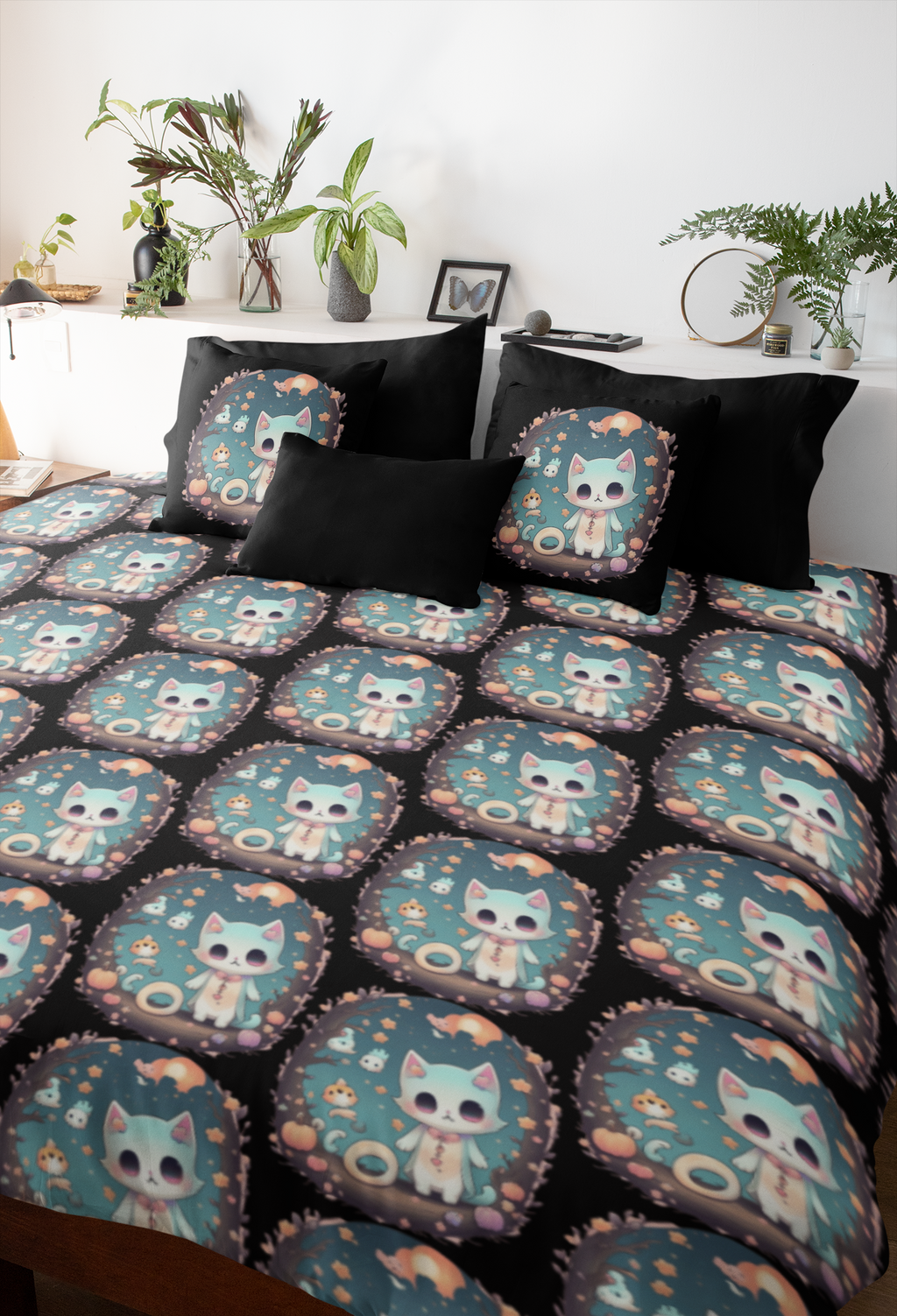 Creepy Cute Pastel Goth Cat Throw Pillow — Kawaii Halloween Dark Home Decor
