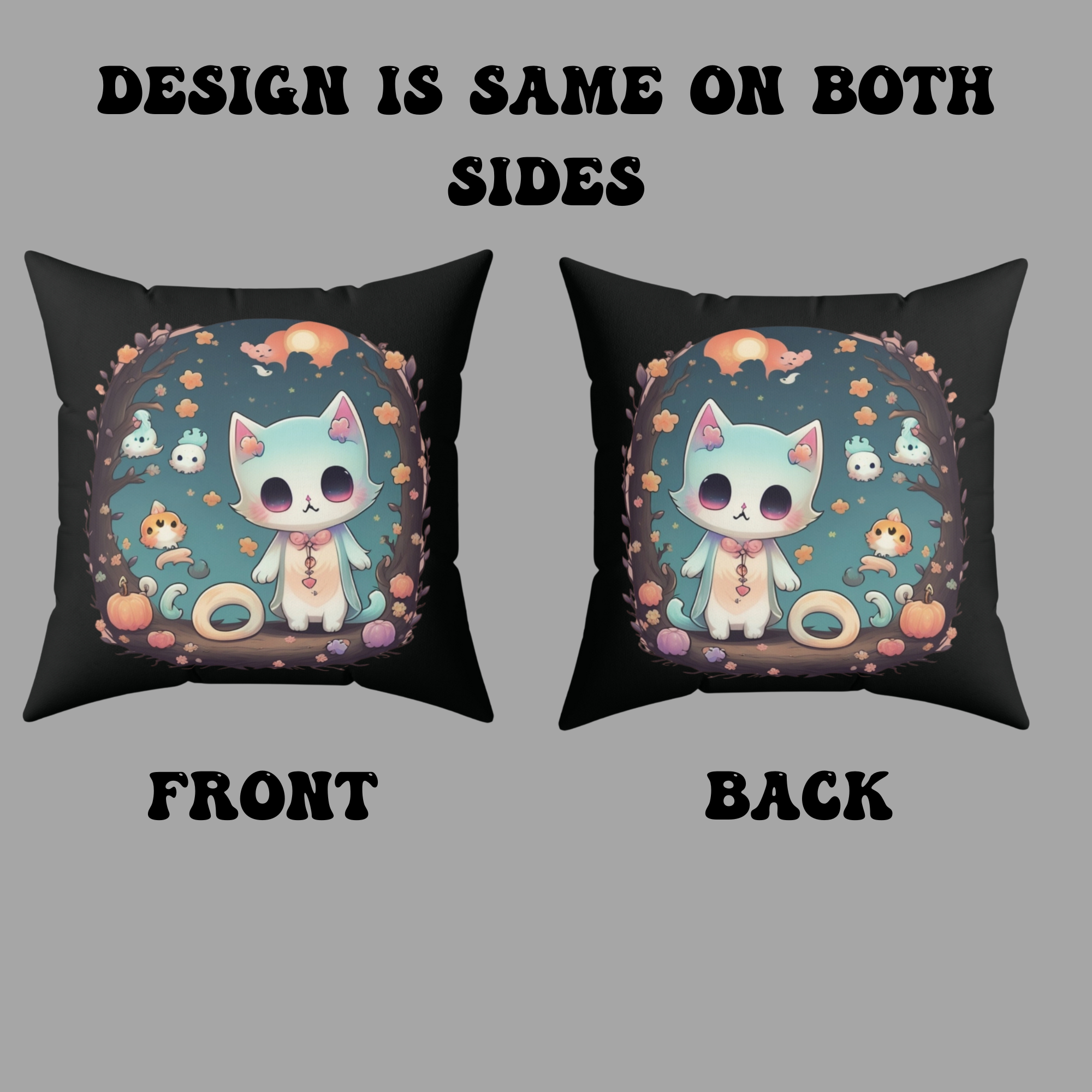 Creepy Cute Pastel Goth Cat Throw Pillow — Kawaii Halloween Dark Home Decor