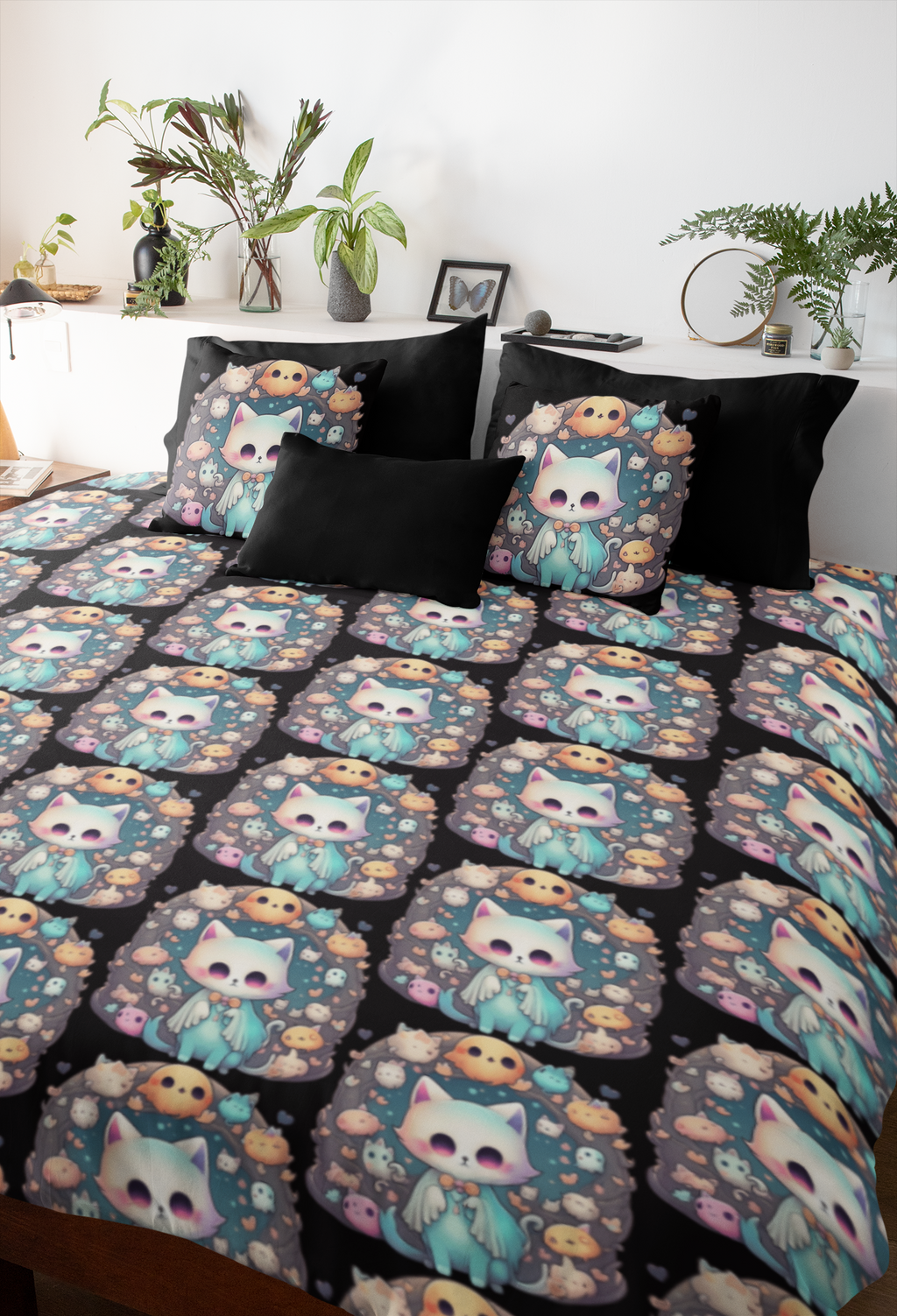 Creepy Cute Kawaii Ghost Cat Throw Pillow — Pastel Goth Dark Home Decor