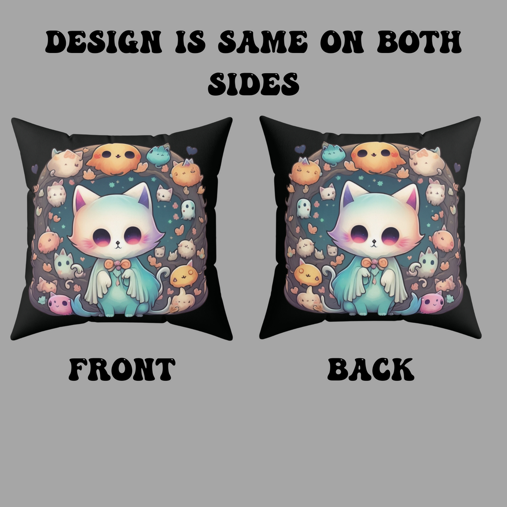 Creepy Cute Kawaii Ghost Cat Throw Pillow — Pastel Goth Dark Home Decor