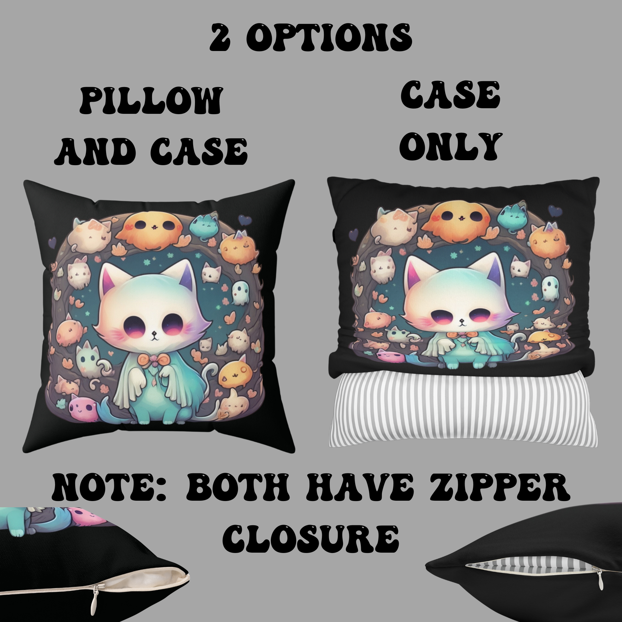 Creepy Cute Kawaii Ghost Cat Throw Pillow — Pastel Goth Dark Home Decor
