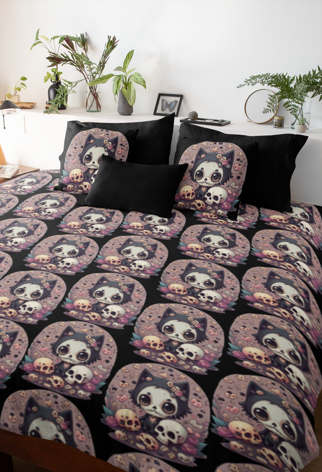 Gothic Skull Face Cat Throw Pillow — Creepy Cute Pastel Goth Home Decor