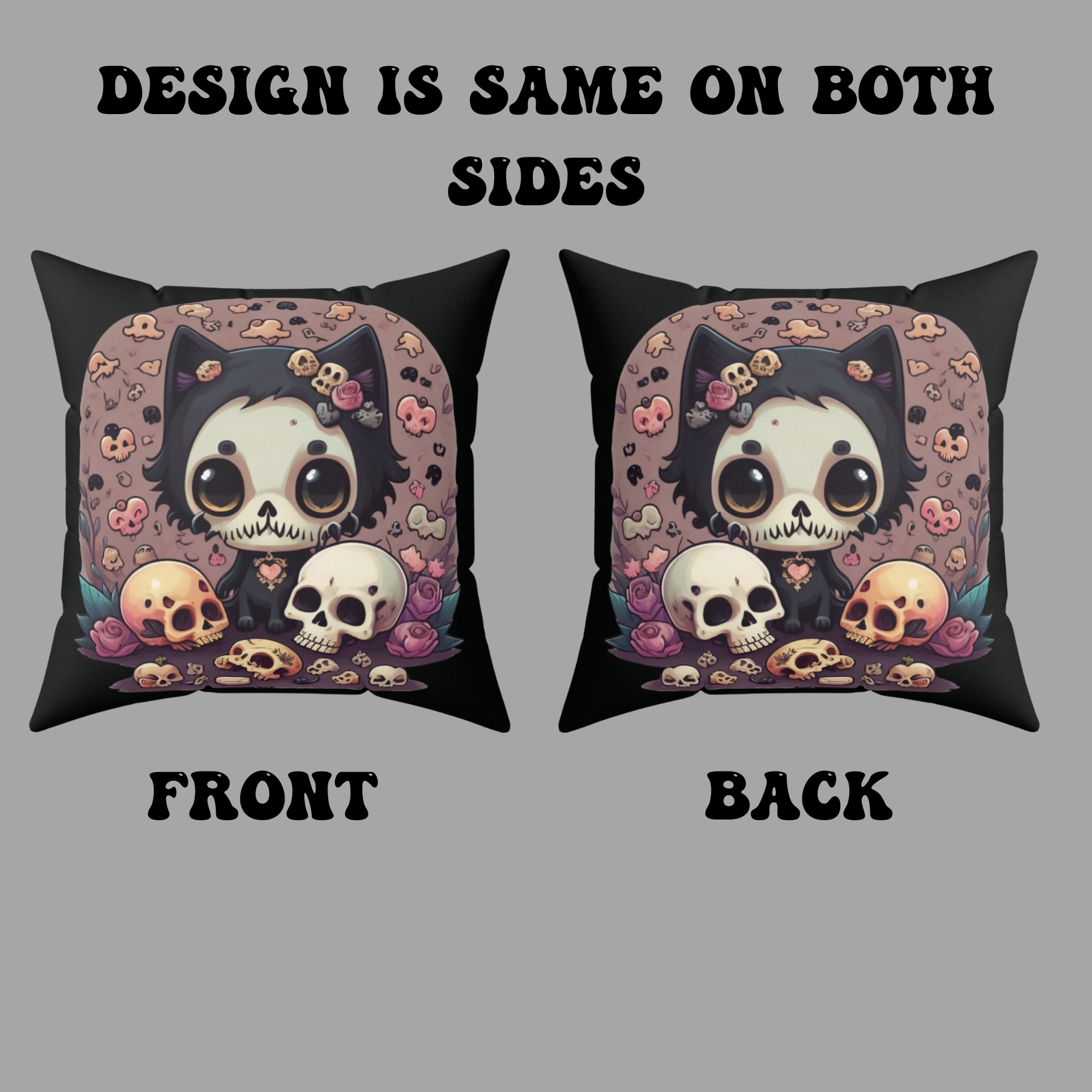 Gothic Skull Face Cat Throw Pillow — Creepy Cute Pastel Goth Home Decor