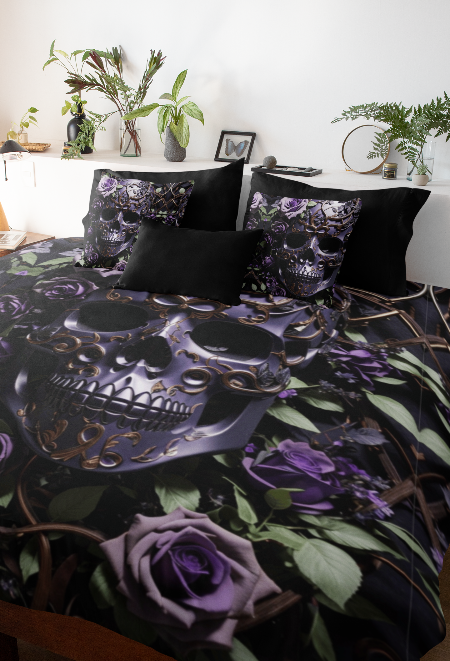 Gothic Black Purple Skull Throw Pillow — Dark Floral Botanical Home Decor