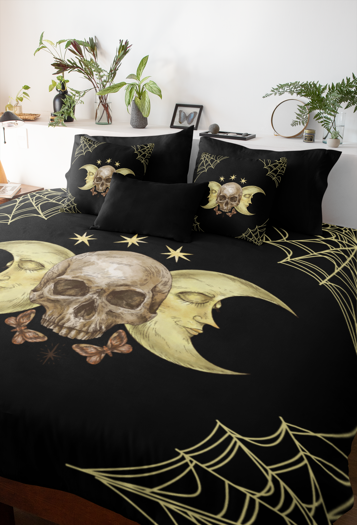 Gothic Moon Skull Throw Pillow — Celestial Dark Home Decor