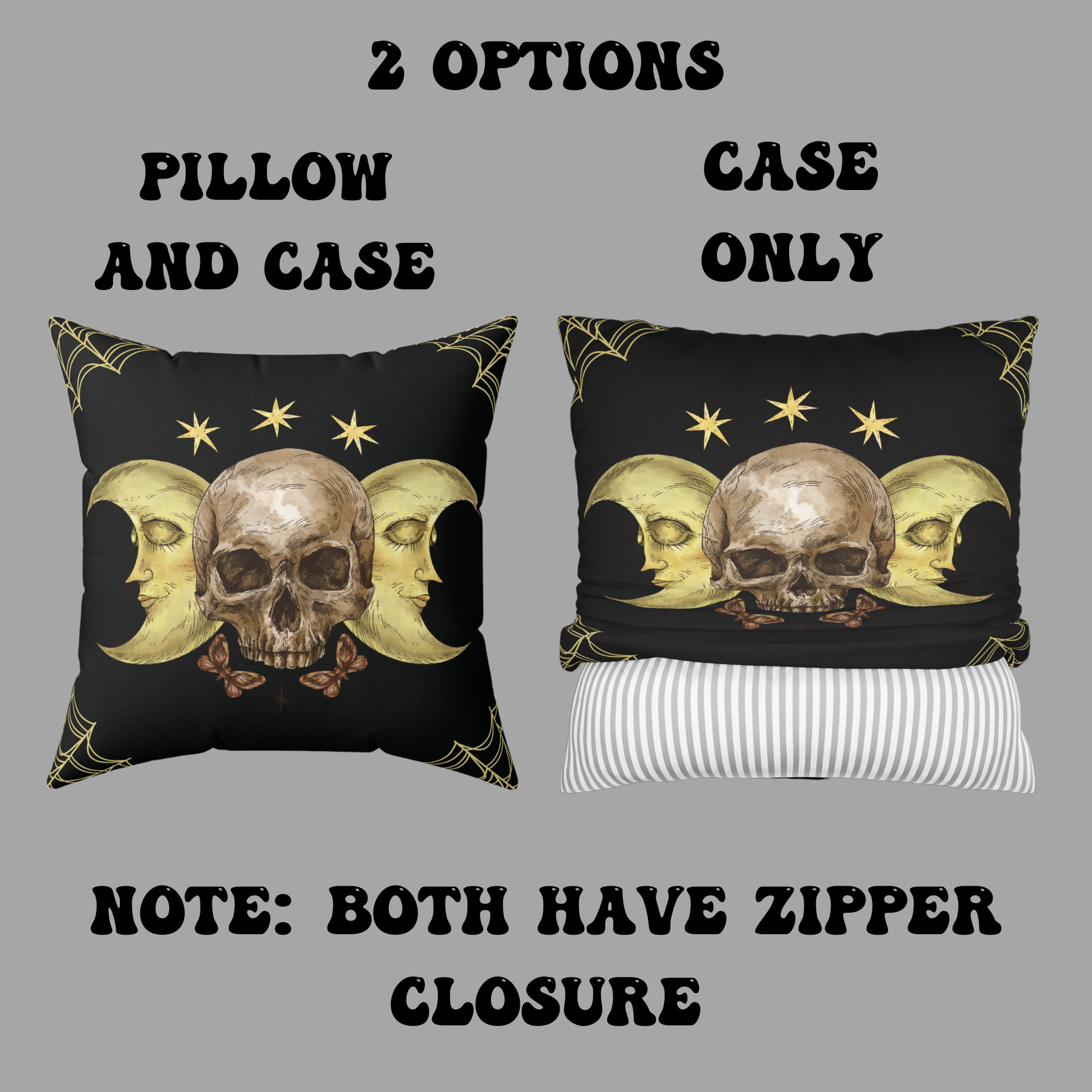 Gothic Moon Skull Throw Pillow — Celestial Dark Home Decor