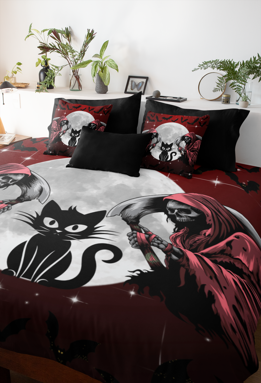 Gothic Black Cat Grim Reaper Throw Pillow — Moonlit Dark Home Decor