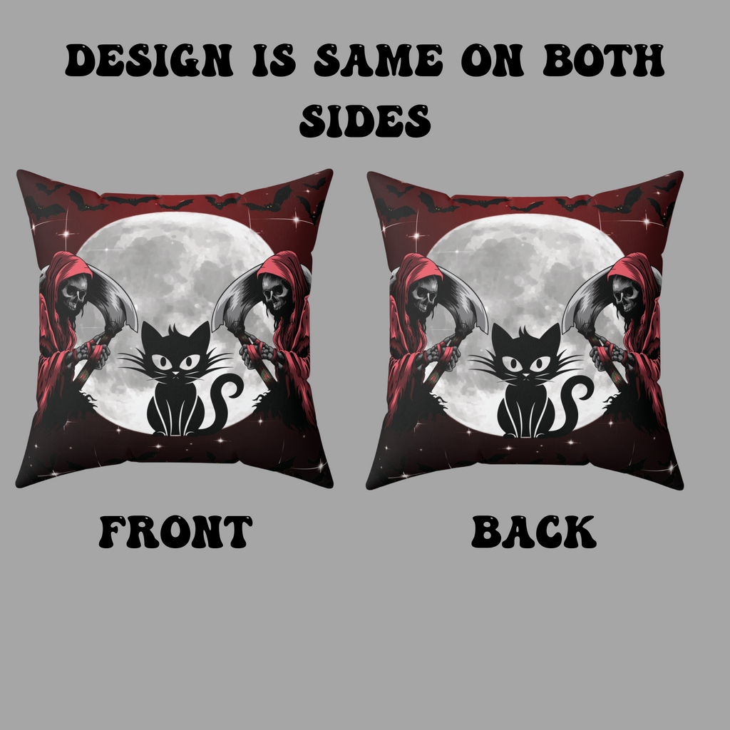 Gothic Black Cat Grim Reaper Throw Pillow — Moonlit Dark Home Decor