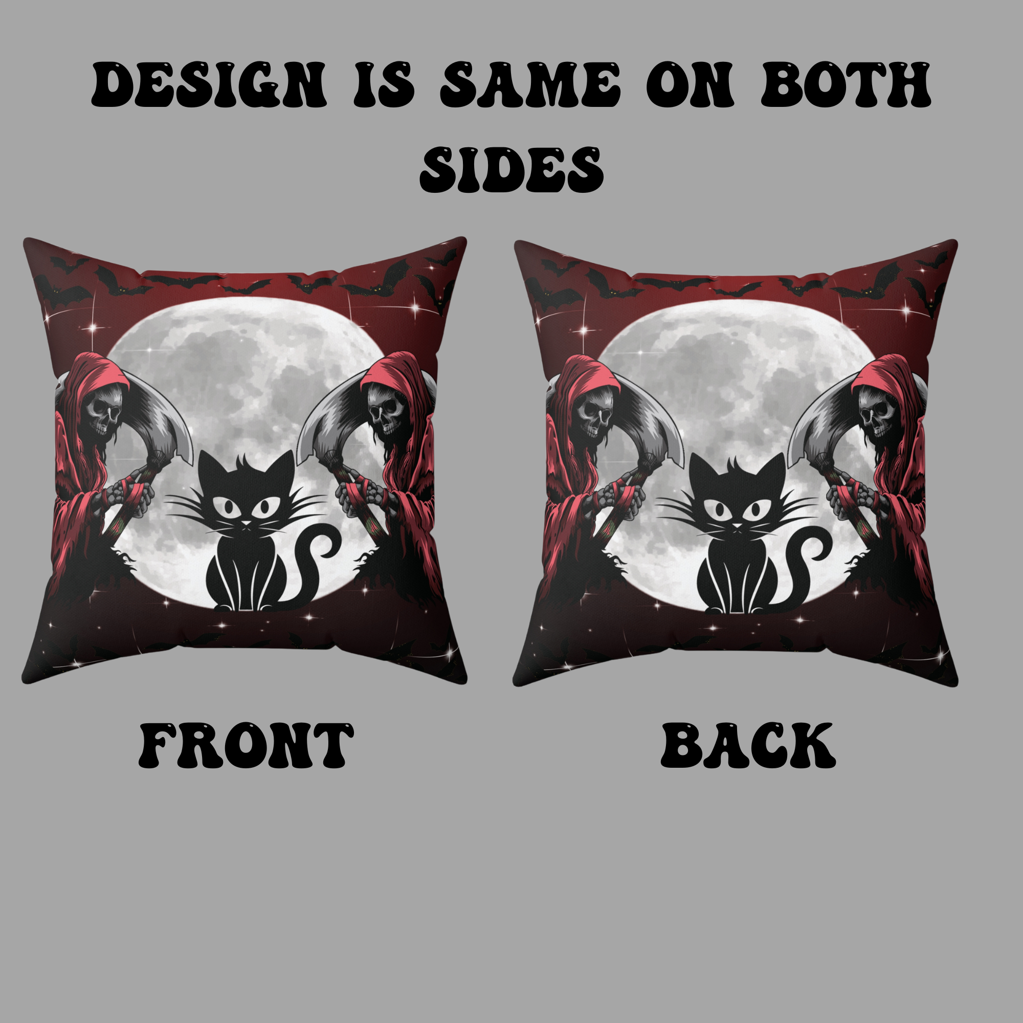 Gothic Black Cat Grim Reaper Throw Pillow — Moonlit Dark Home Decor