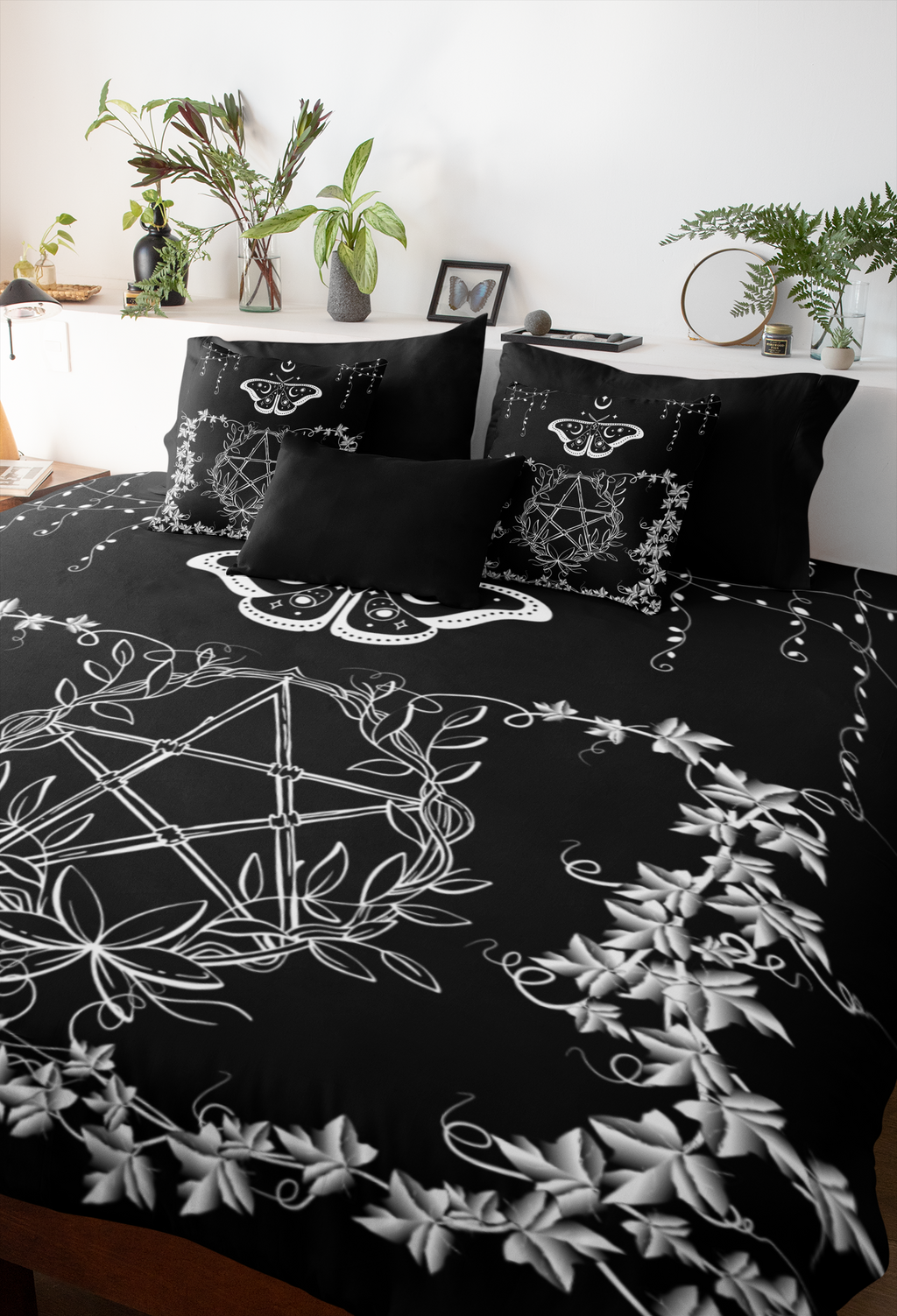 Witchy Moth Pentagram Throw Pillow — Botanical Gothic Dark Home Decor