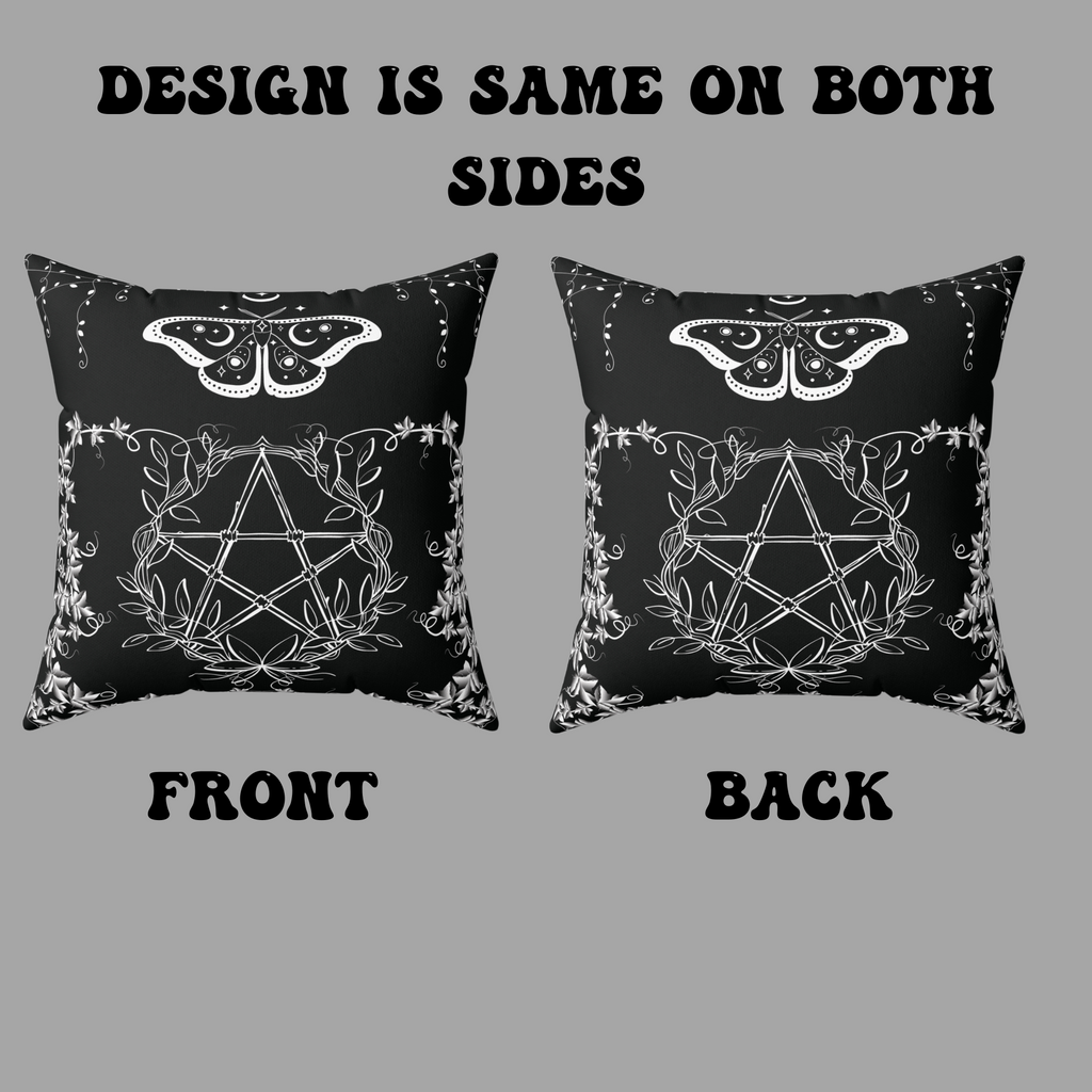 Witchy Moth Pentagram Throw Pillow — Botanical Gothic Dark Home Decor