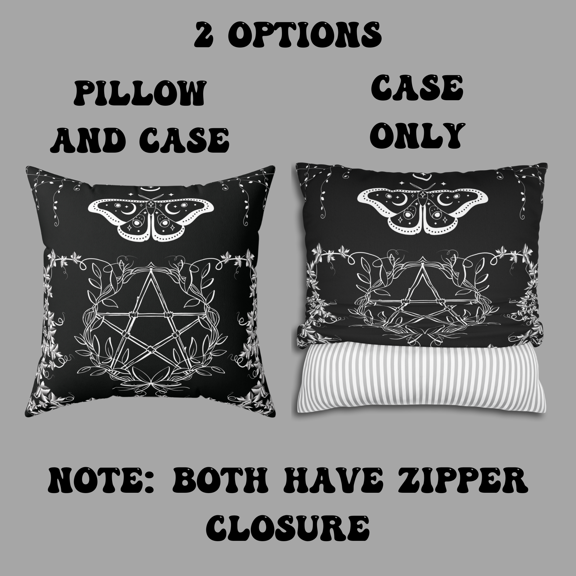 Witchy Moth Pentagram Throw Pillow — Botanical Gothic Dark Home Decor