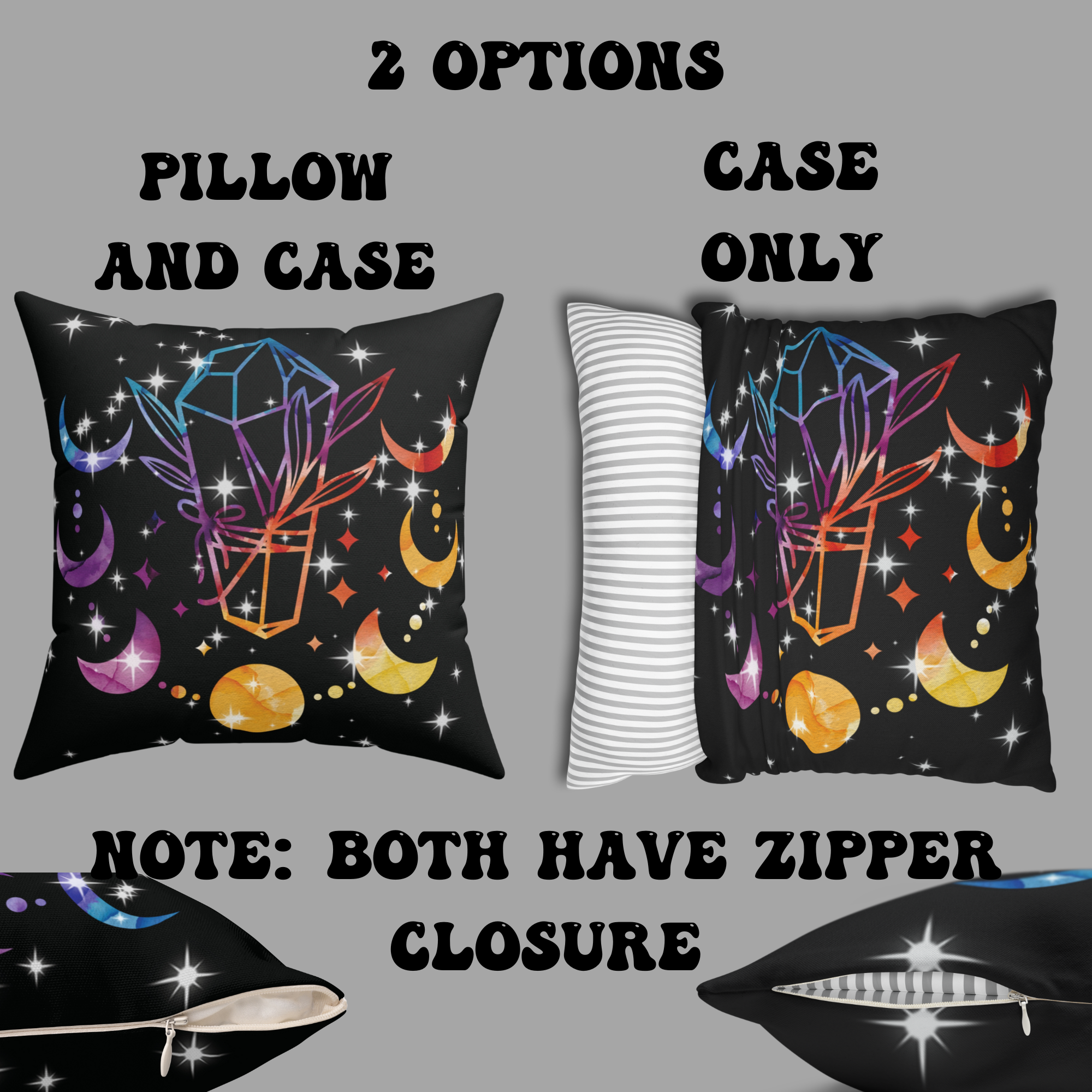 Rainbow Crystal Celestial Throw Pillow — Witchy Gothic Dark Home Decor