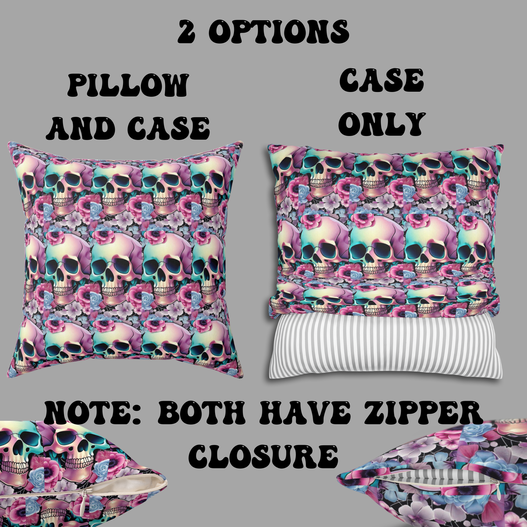 Pastel Goth Floral Skull Throw Pillow — Dark Floral Emo Home Decor