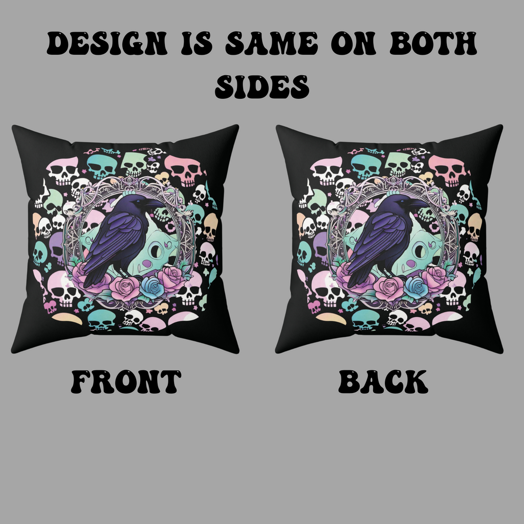 Pastel Goth Raven Skull Throw Pillow — Dark Floral Gothic Home Decor