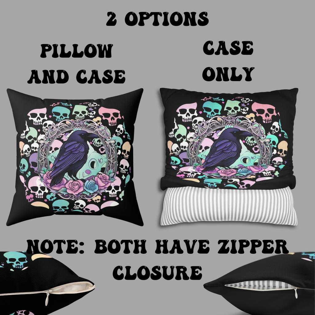 Pastel Goth Raven Skull Throw Pillow — Dark Floral Gothic Home Decor