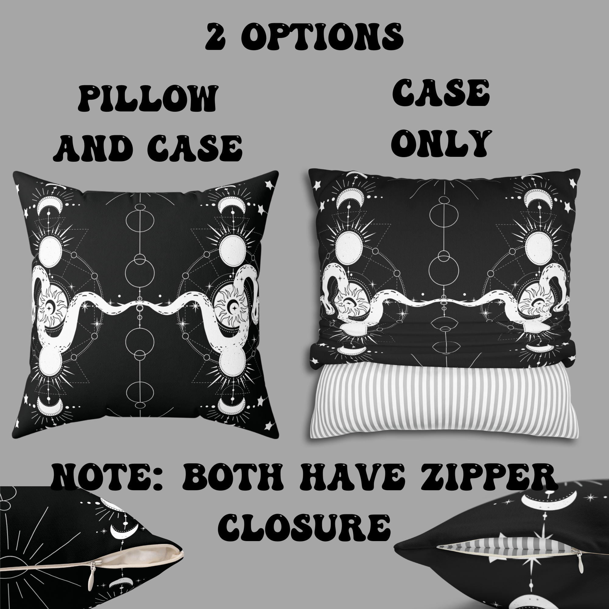Celestial Snake Moon Phases Throw Pillow — Witchy Gothic Dark Home Decor