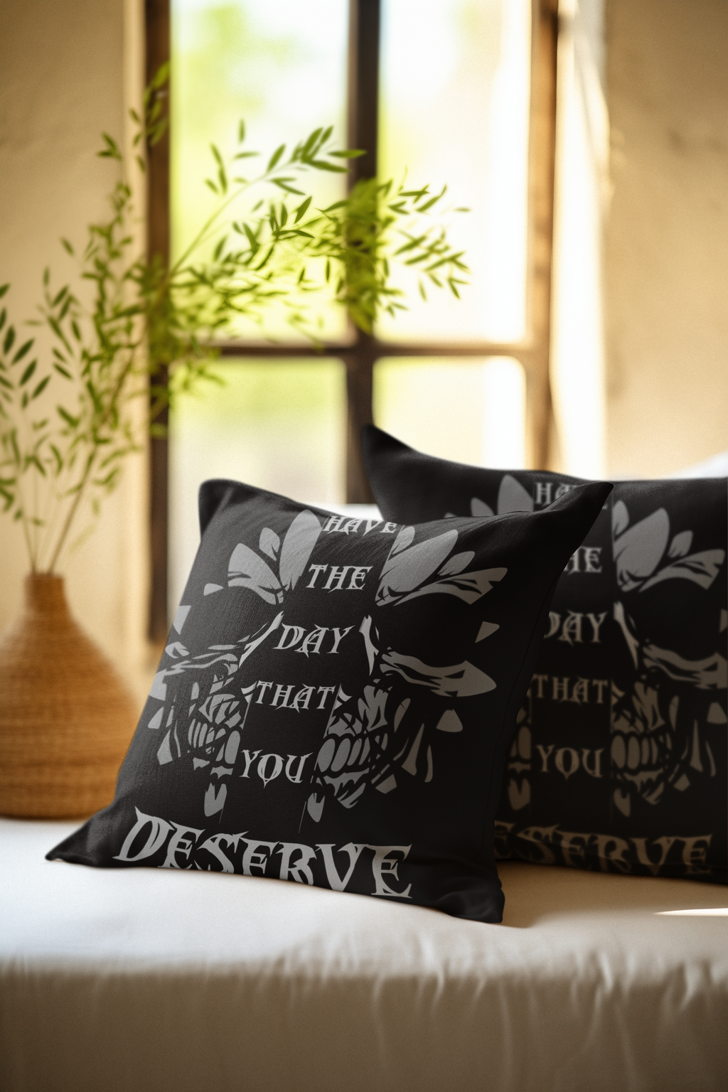 Gothic Floral Skull Throw Pillow — Dark Botanical Moody Home Decor