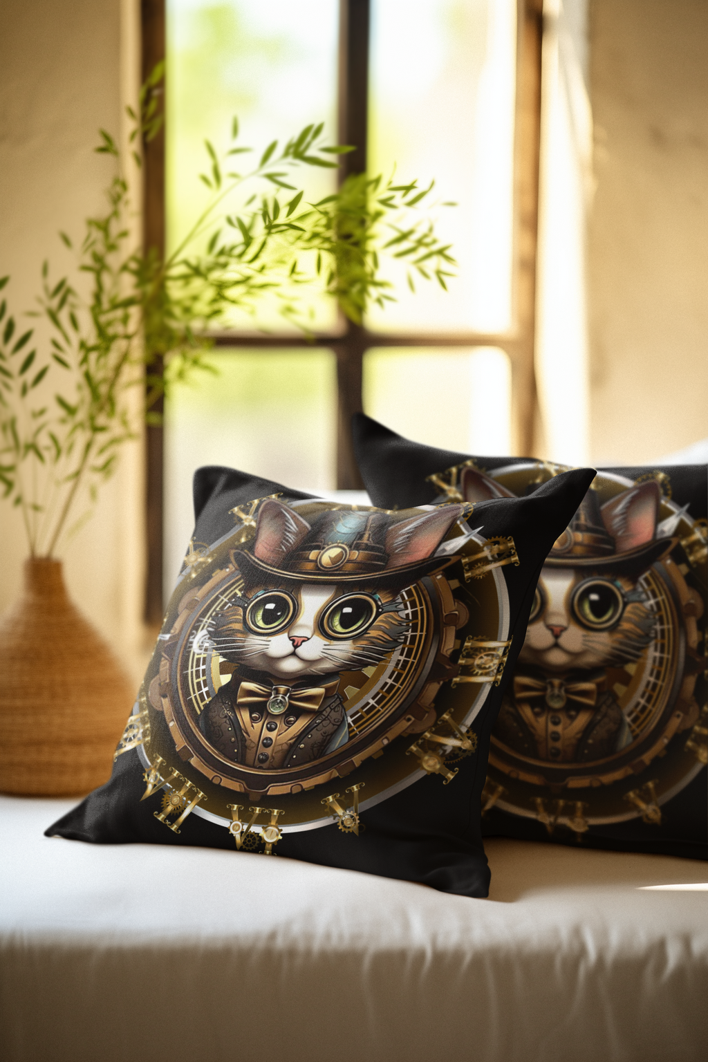 Steampunk Cat Throw Pillow — Vintage Industrial Gothic Home Decor