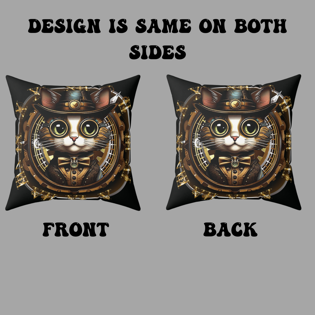 Steampunk Cat Throw Pillow — Vintage Industrial Gothic Home Decor
