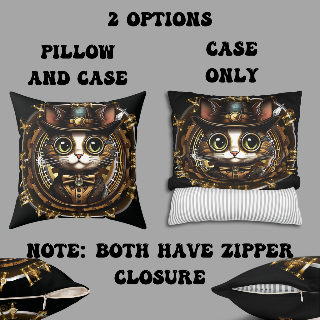 Steampunk Cat Throw Pillow — Vintage Industrial Gothic Home Decor
