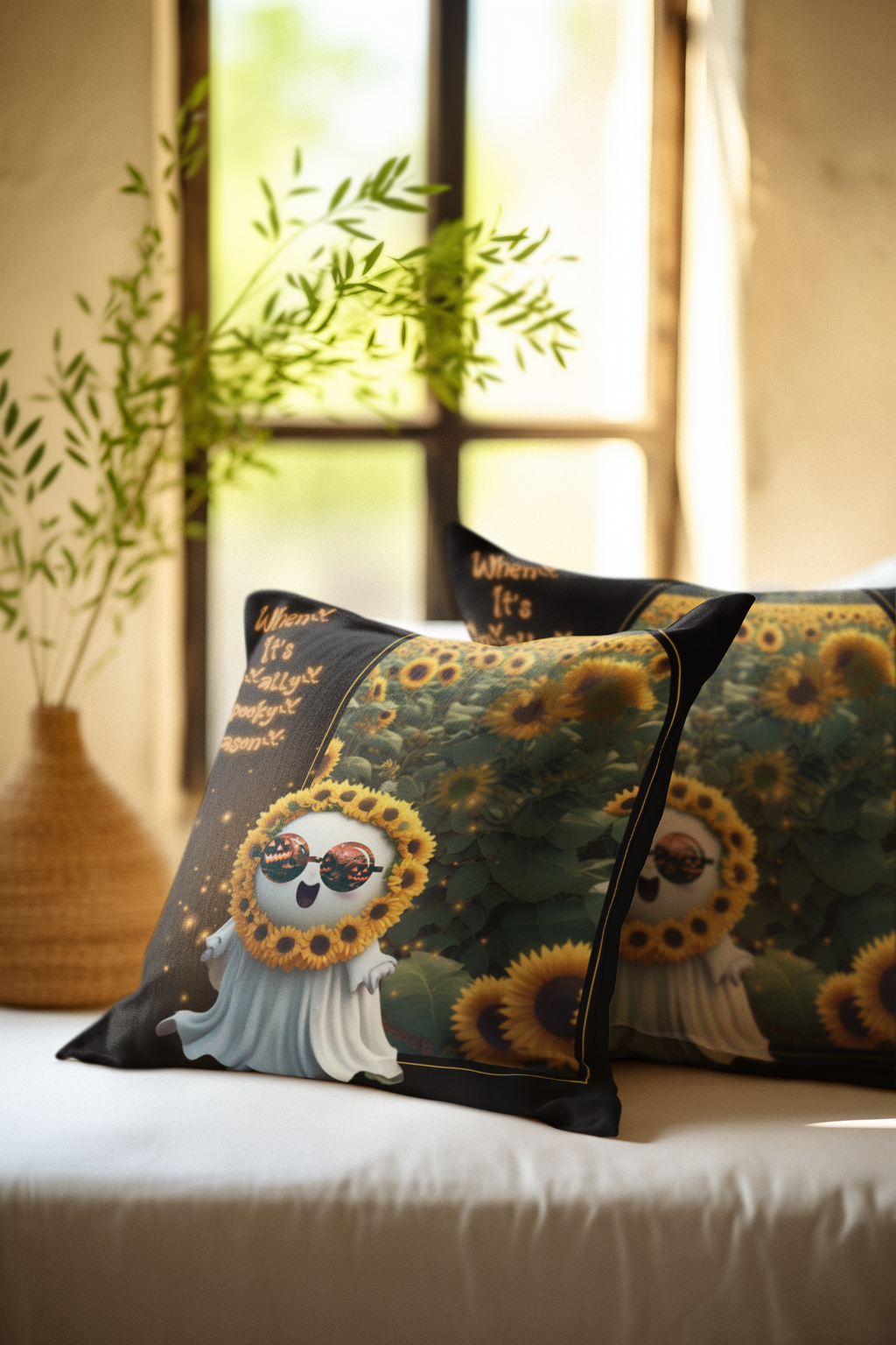 Spooky Season Ghost Sunflower Throw Pillow — Halloween Dark Home Decor