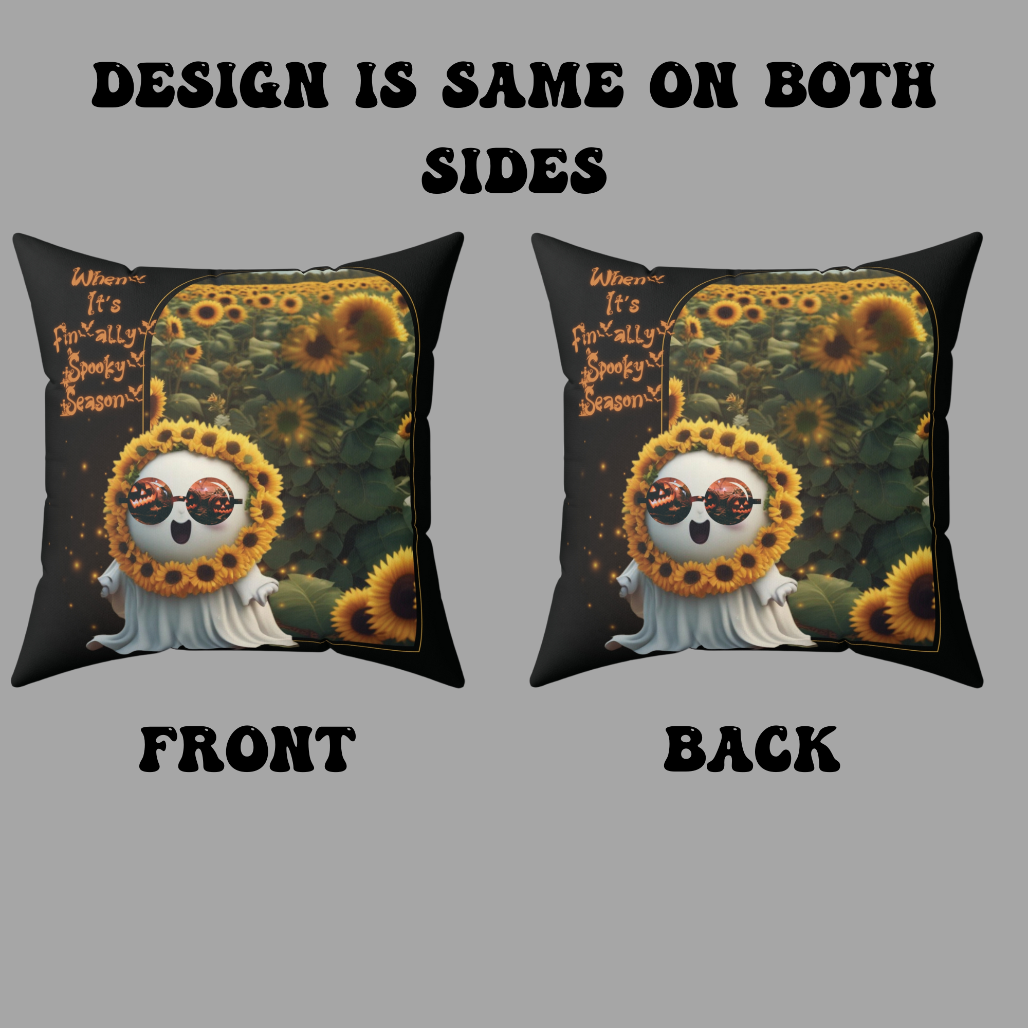 Spooky Season Ghost Sunflower Throw Pillow — Halloween Dark Home Decor