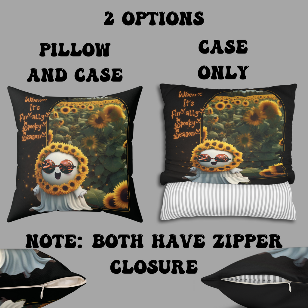 Spooky Season Ghost Sunflower Throw Pillow — Halloween Dark Home Decor