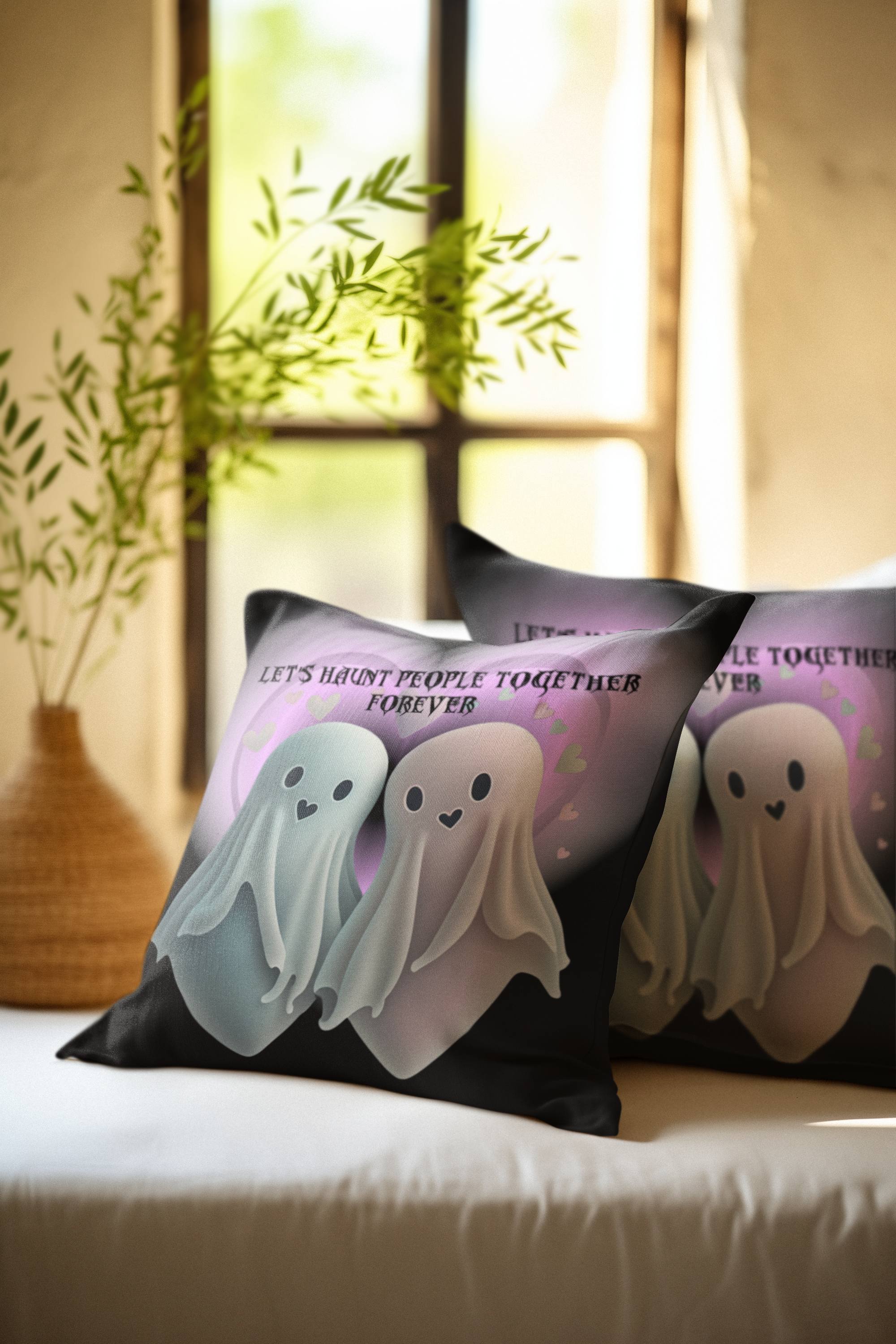 Let's Haunt People Together Forever Ghost Throw Pillow — Gothic Love Halloween Decor