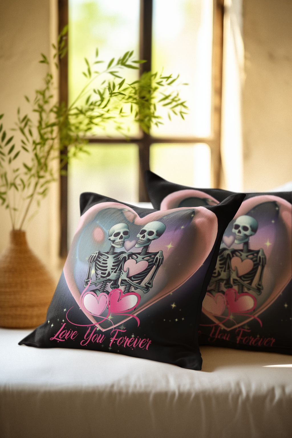 Love You Forever Skeleton Couple Throw Pillow — Gothic Love Dark Home Decor