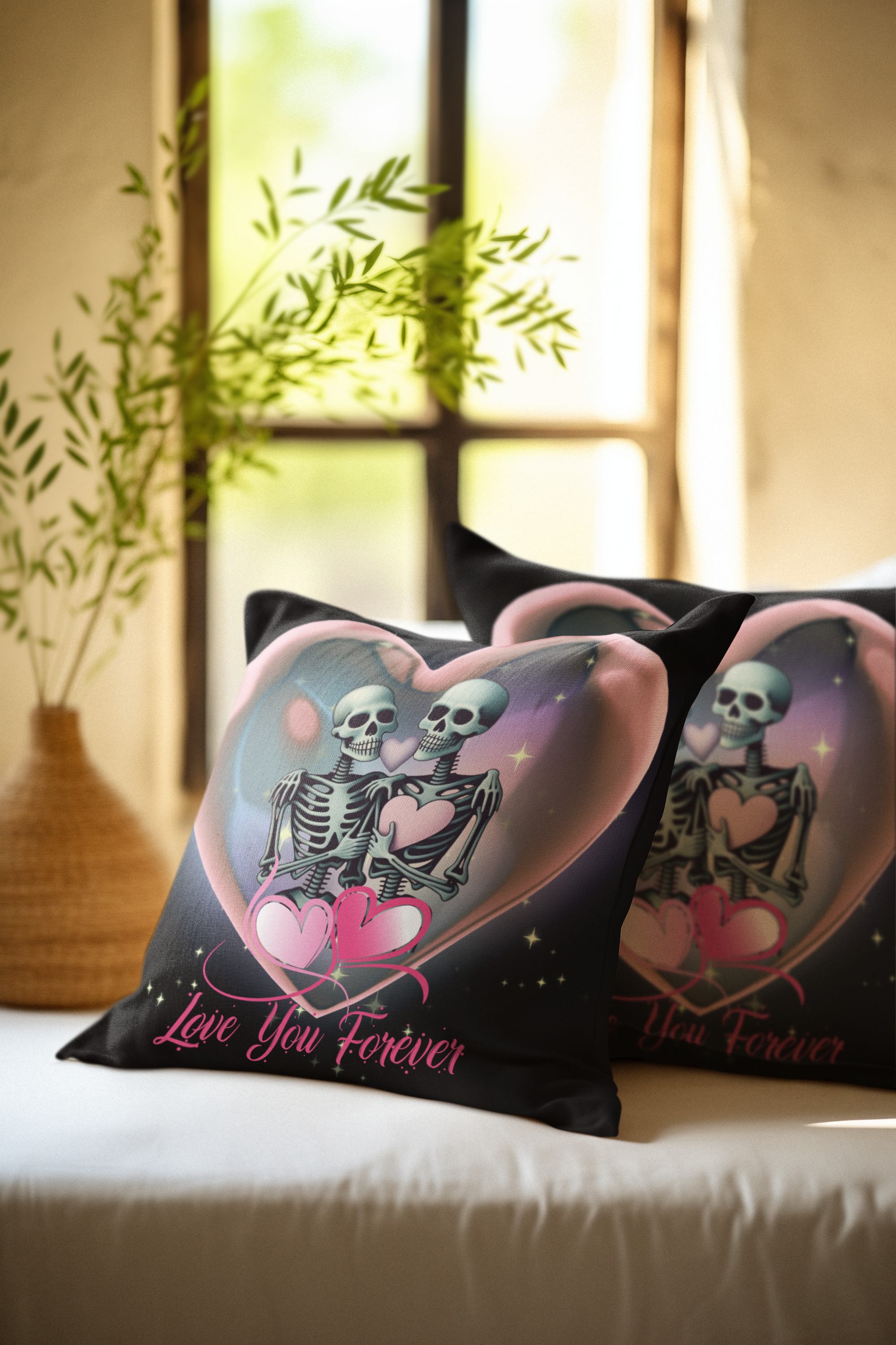 Love You Forever Skeleton Couple Throw Pillow — Gothic Love Dark Home Decor