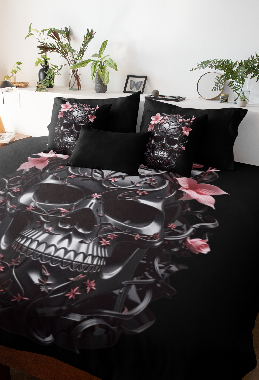 Gothic Botanical Skull Throw Pillow — Dark Floral Pastel Goth Home Decor