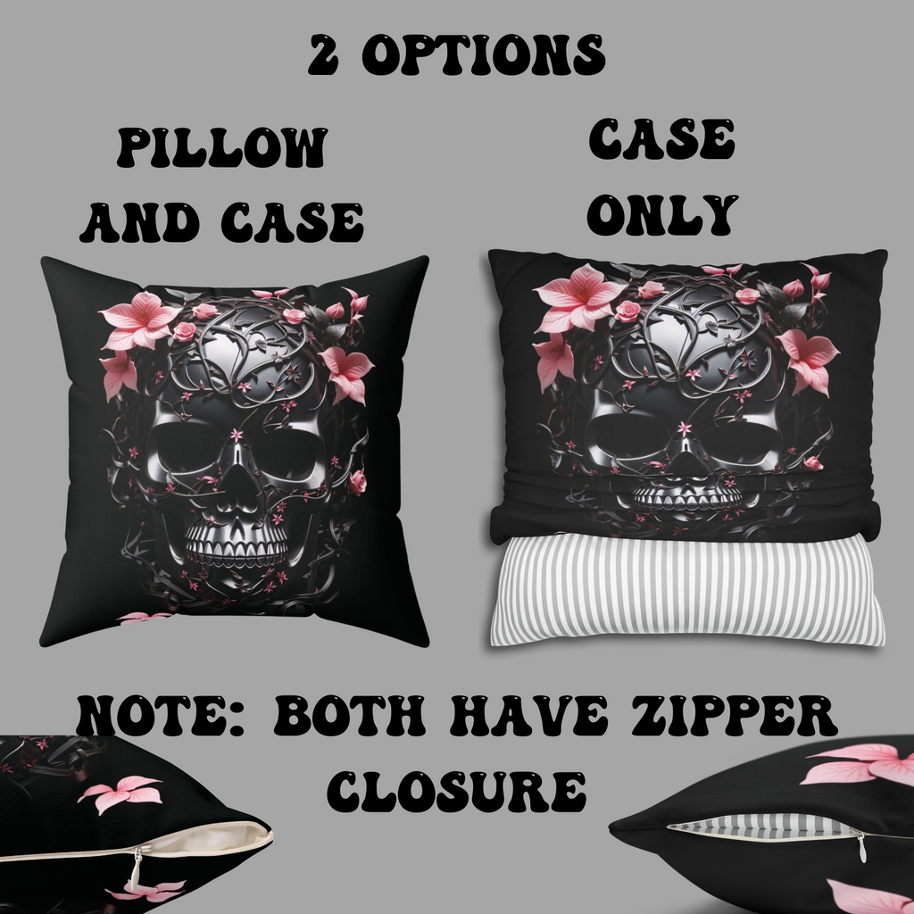 Gothic Botanical Skull Throw Pillow — Dark Floral Pastel Goth Home Decor
