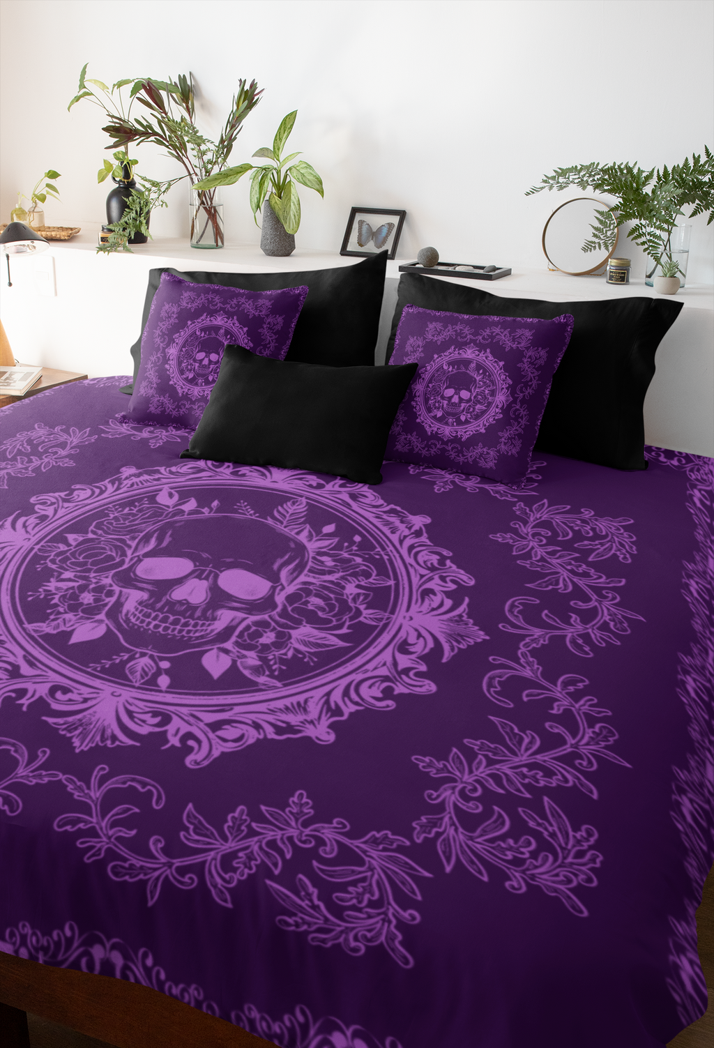 Purple Gothic Floral Skull Throw Pillow — Baroque Botanical Dark Home Decor