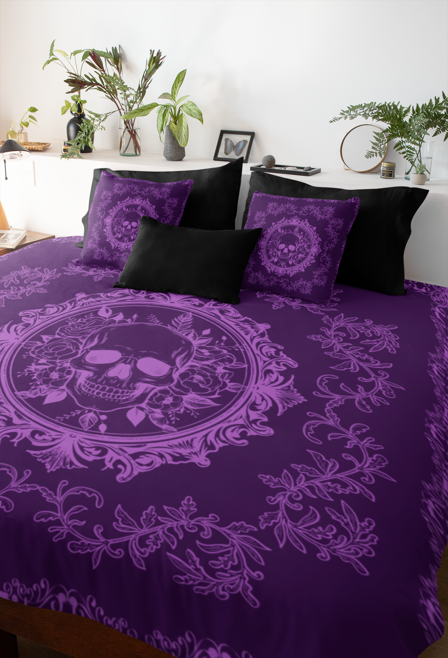 Purple Gothic Floral Skull Throw Pillow — Baroque Botanical Dark Home Decor