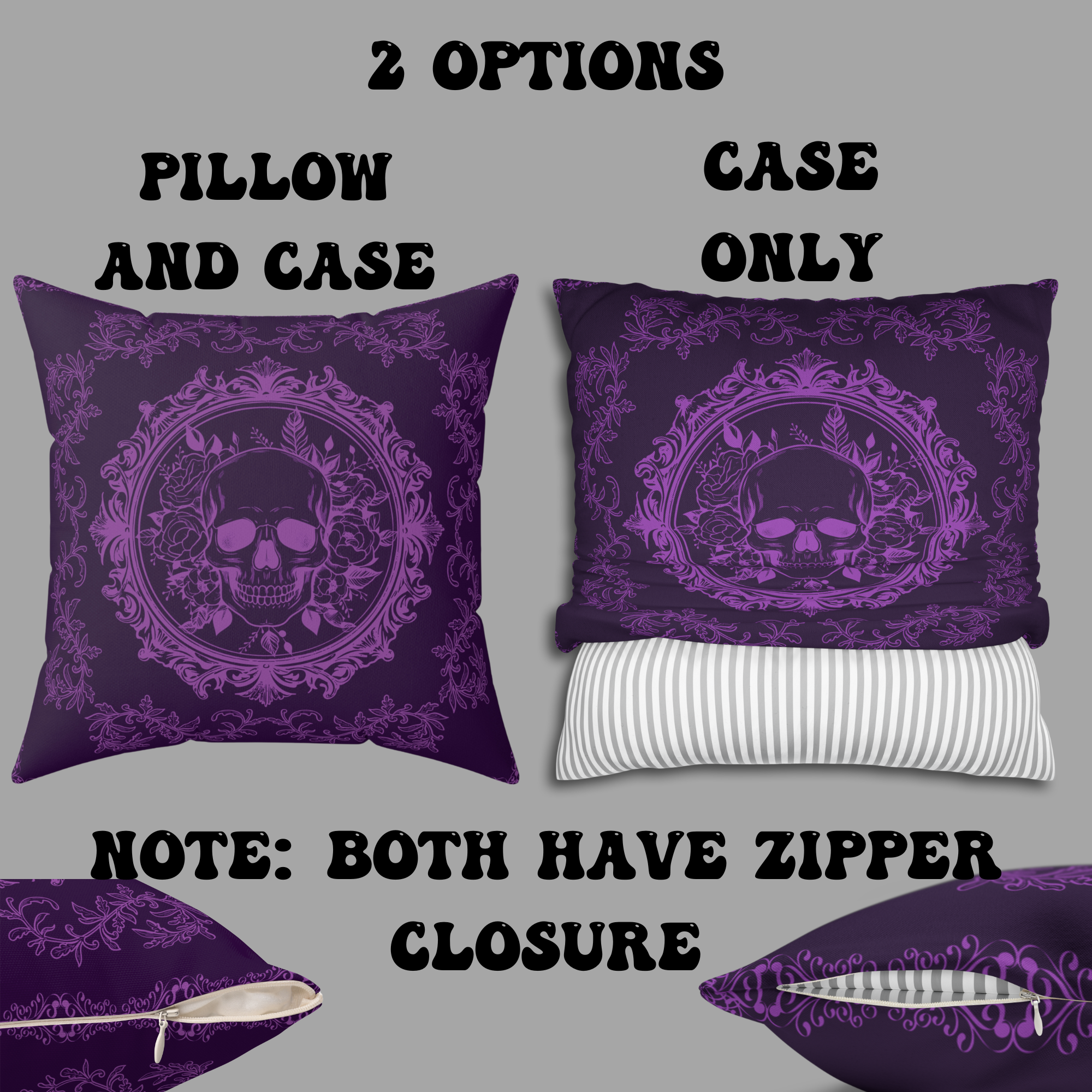 Purple Gothic Floral Skull Throw Pillow — Baroque Botanical Dark Home Decor