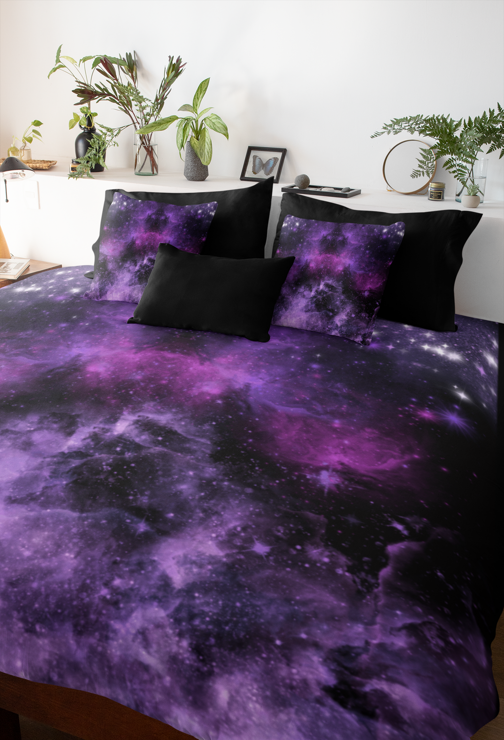 Purple Galaxy Cosmic Throw Pillow — Dark Celestial Witchy Home Decor