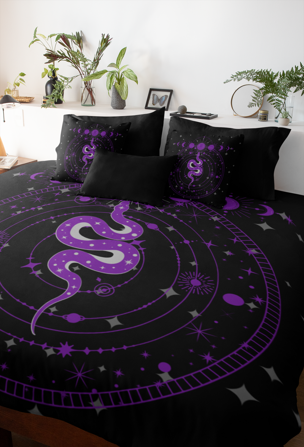 Purple Celestial Snake Moon Phases Throw Pillow — Witchy Gothic Dark Home Decor