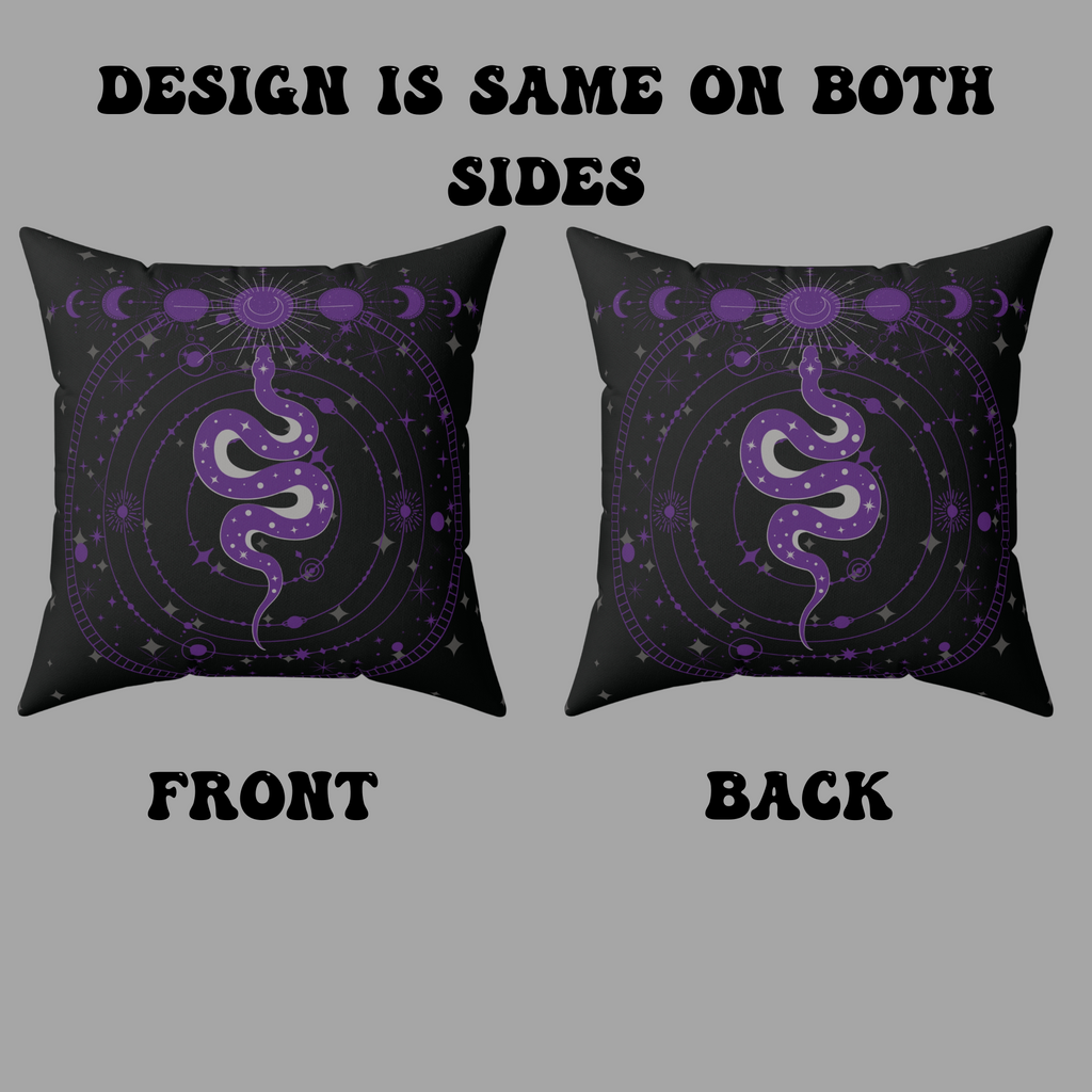 Purple Celestial Snake Moon Phases Throw Pillow — Witchy Gothic Dark Home Decor