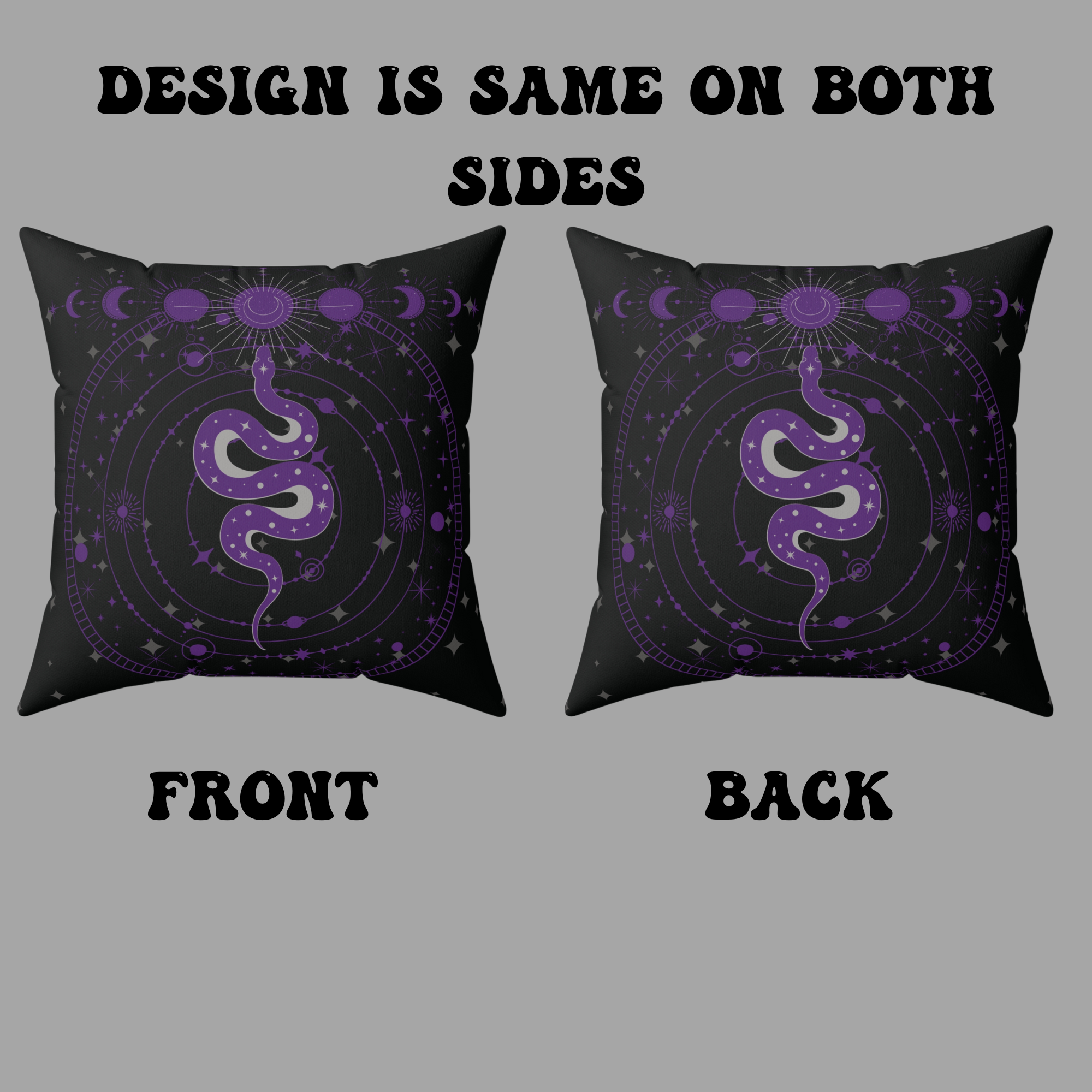 Purple Celestial Snake Moon Phases Throw Pillow — Witchy Gothic Dark Home Decor
