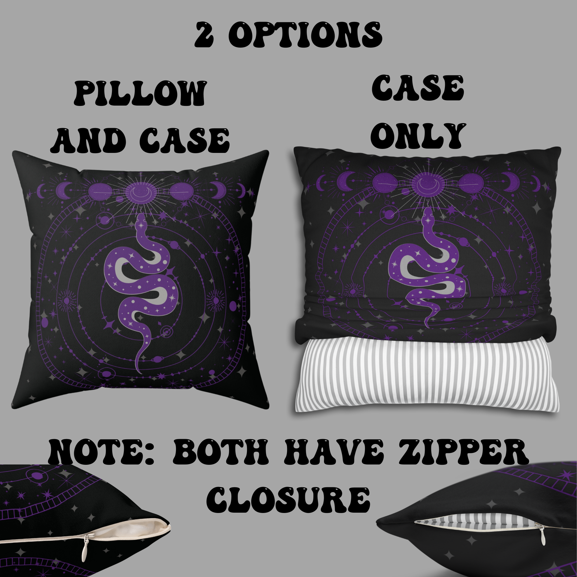 Purple Celestial Snake Moon Phases Throw Pillow — Witchy Gothic Dark Home Decor