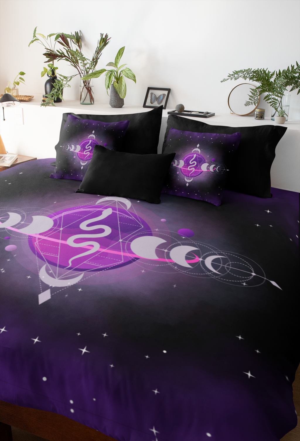 Pastel Goth Celestial Snake Moon Phases Throw Pillow — Witchy Dark Home Decor
