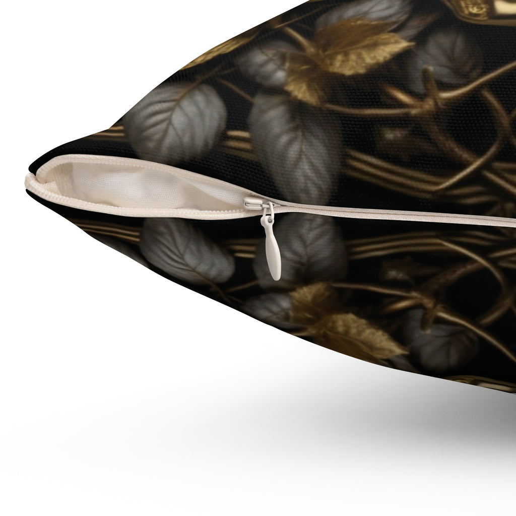 Gothic Gold Black Rose Skull Throw Pillow — Dark Floral Botanical Home Decor