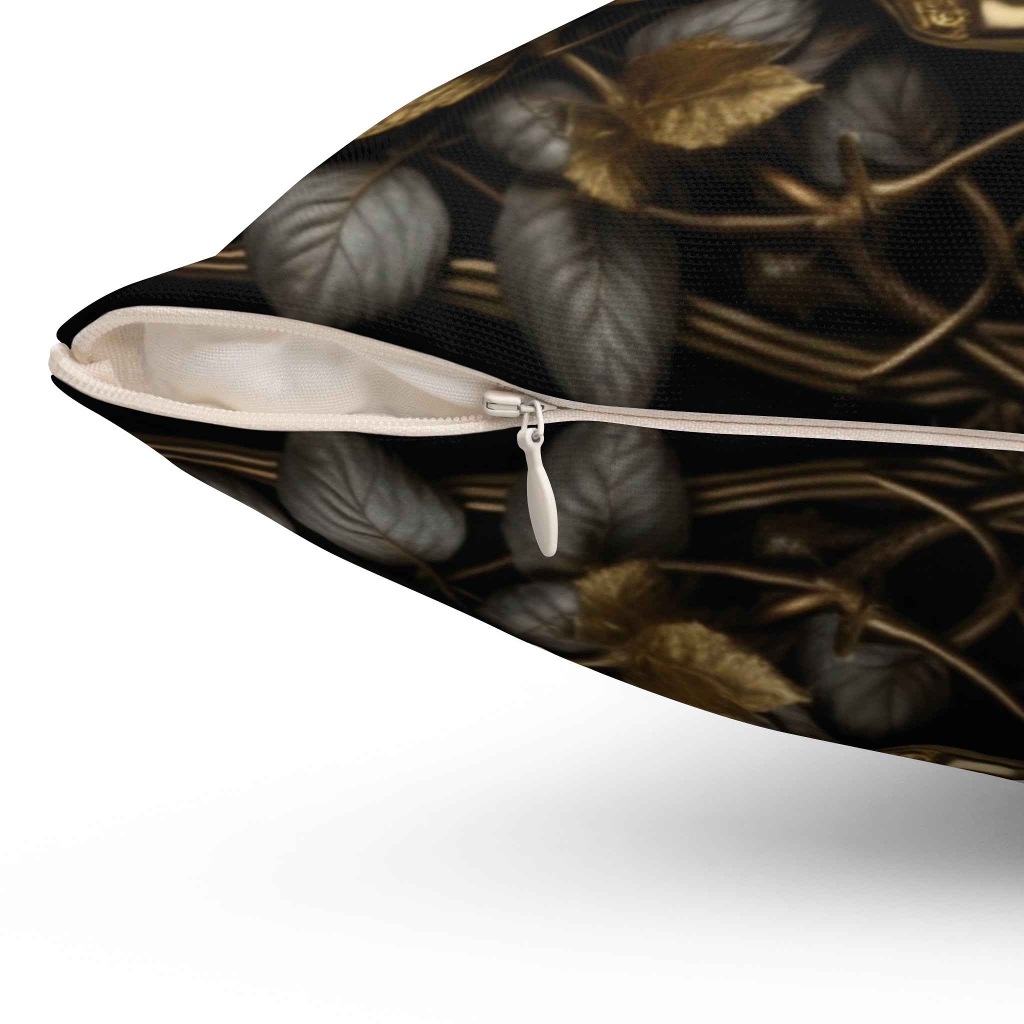 Gothic Gold Black Rose Skull Throw Pillow — Dark Floral Botanical Home Decor