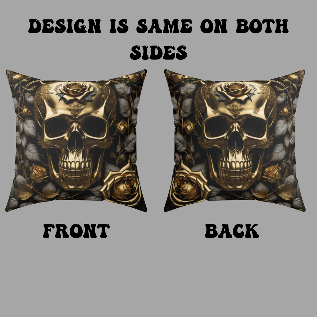 Gothic Gold Black Rose Skull Throw Pillow — Dark Floral Botanical Home Decor