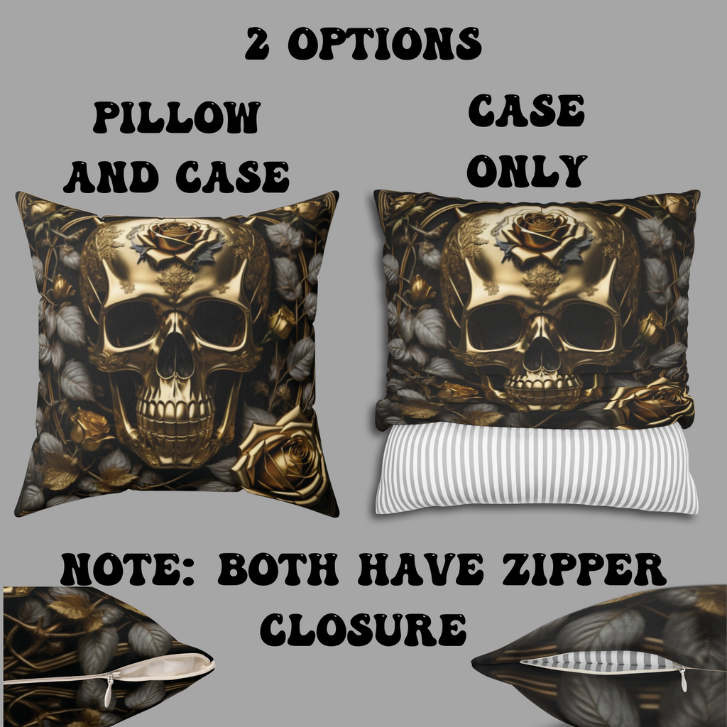 Gothic Gold Black Rose Skull Throw Pillow — Dark Floral Botanical Home Decor